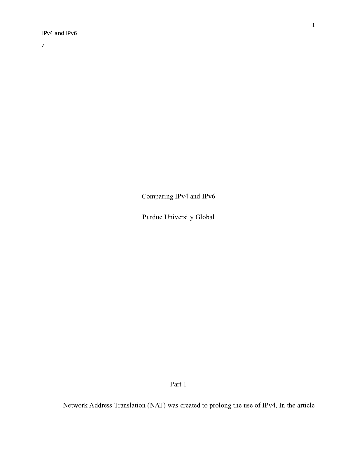 Preview image for IT283 Assessment 5  1 .docx  4  Comparing IPv4 and IPv6  Purdue University Global  Part 1
